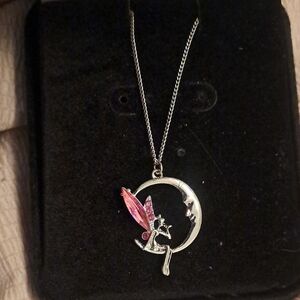 Silver Fairy on Crescent Moon Necklace with Pink Crystals